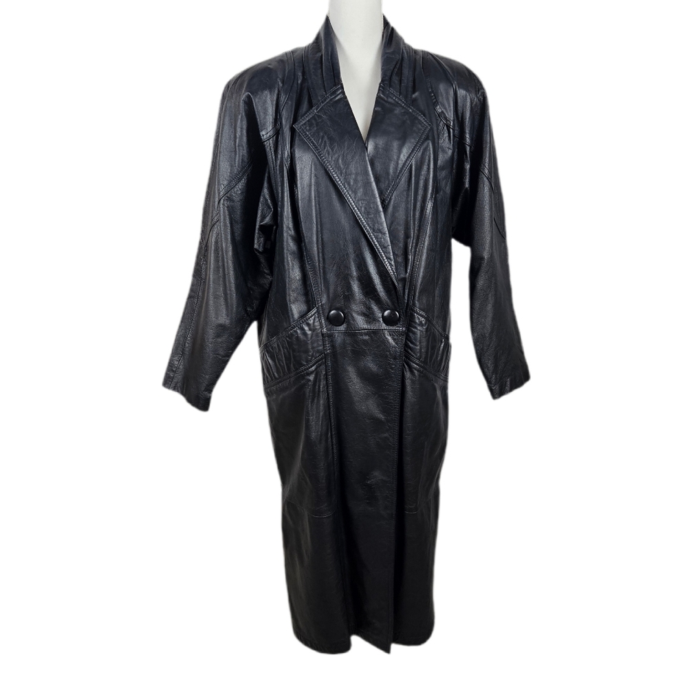 John Weitz Trench Coat Black Leather Shoulder Pads Mob Wife Medium Petite Vtg